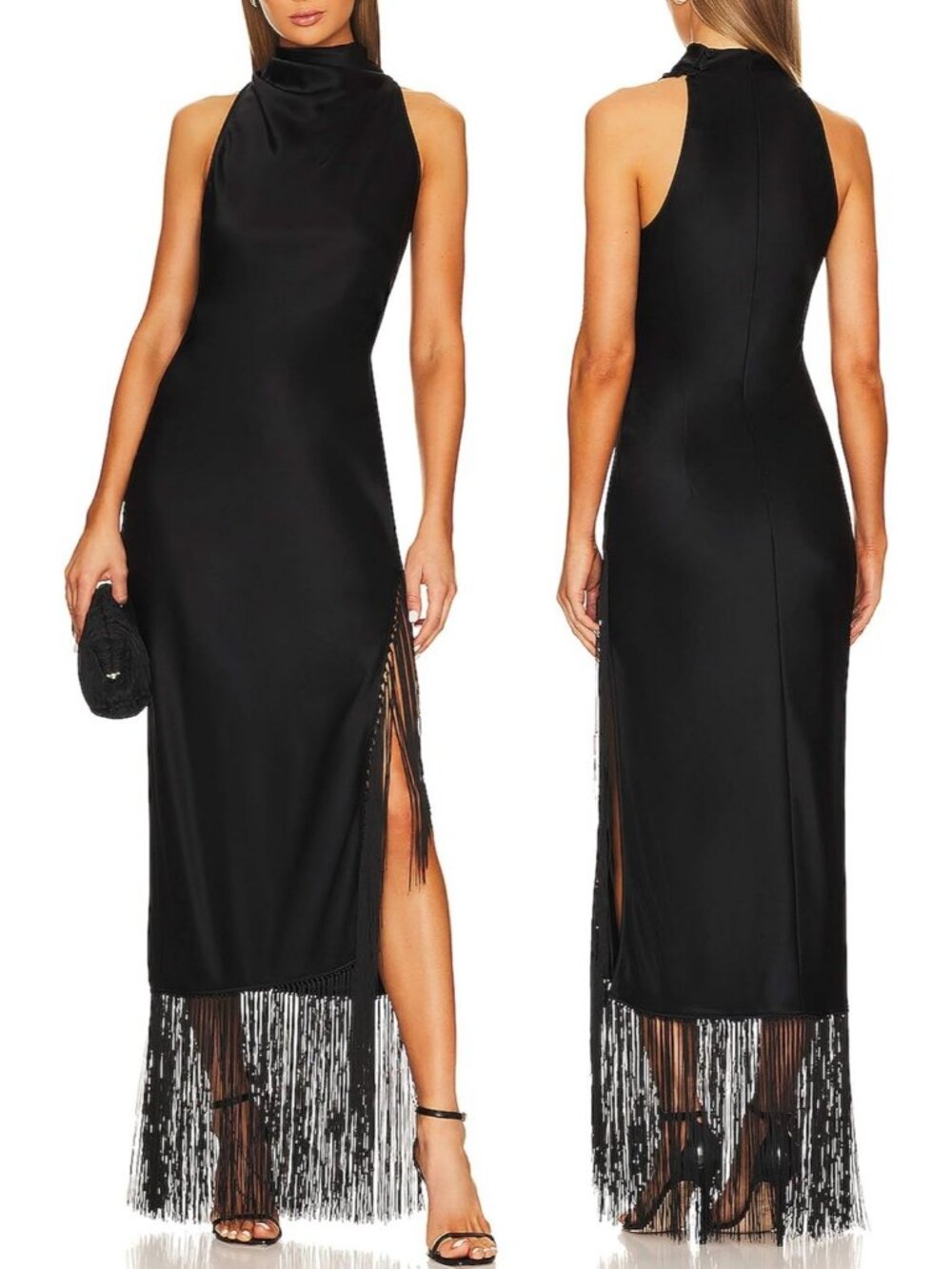 Women's Black Vintage Flapper Halter Tassel Hem Gowns with Slit Maxi Dresses